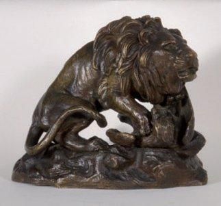 ECOLE fin XIXème s Lion terrassant un rapace Bronze a patine medaille H: 14 cm, L:...