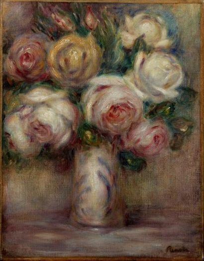 Pierre Auguste RENOIR (1841-1919) Vase de roses Toile portant une signature en bas...