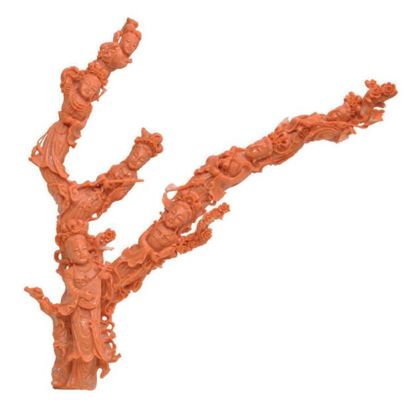 null Important GROUPE en corail rouge, formé par trois branches sculptées de jeunes...