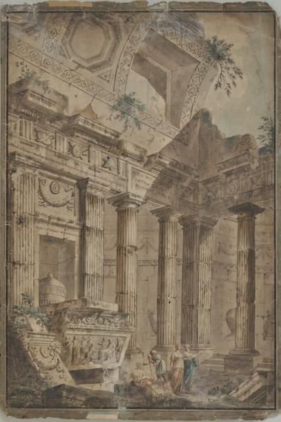 Ecole française du XVIIIème siècle Ruine antique animée Aquarelle, plume et encre...