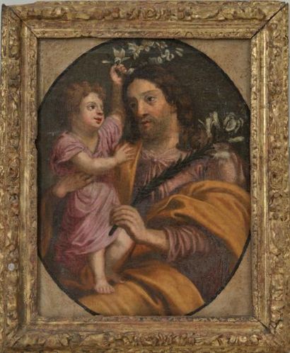 Ecole FRANCAISE du XVIIème siècle Saint Joseph et l'Enfant Jésus dans un ovale peint...