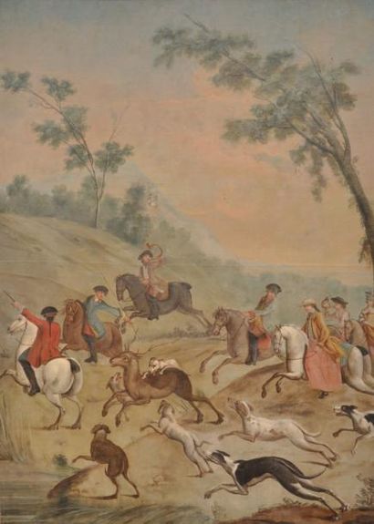Ecole FRANCAISE du XVIIIème siècle Scène de chasse à courre Toile 230 x 167 cm Manques...