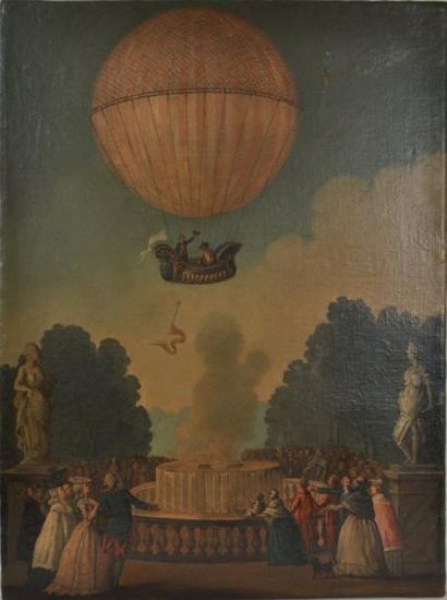 ECOLE FRANCAISE XIXème s L'envol de la Montgolfière Huile sur toile 100 x 75 cm ...