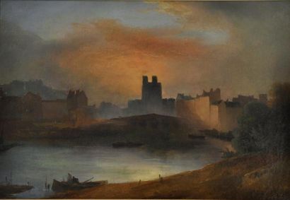 Charles LEMERCIER (1797-1859) Vue du port au coucher de soleil Huile sur toile, signée...