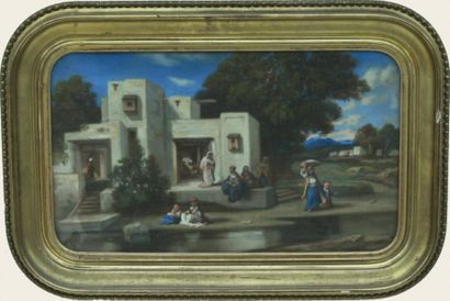 Emmanuel Joseph LAURET (1809-1882), attribué à Scène de village en Algérie Pastel...