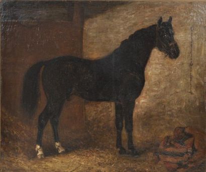 Nicolas MOREAU (circa 1820-?) L'étalon noir Huile sur toile signée et datée 1876...