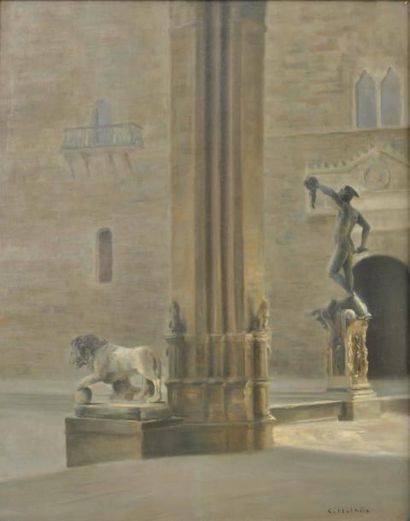Karl HOLSOE (1863-1935) Le Persée de Cellini depuis la Loggia dei Lanzi à Florence...