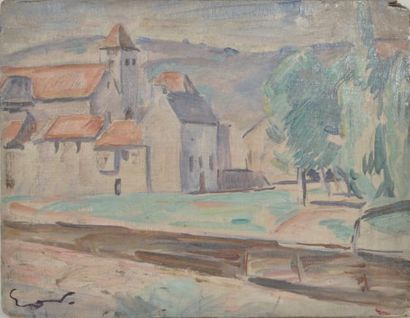 Emile Othon FRIESZ (1879-1949) Village dans la montagne Huile sur panneau portant...