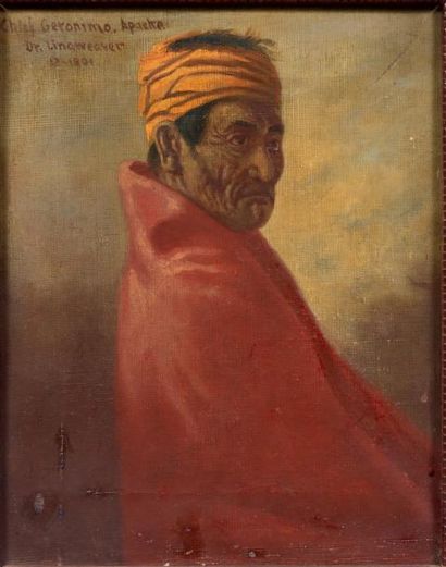 LINAWEAVER Albert Harrold Portrait de Geronimo Huile sur toile, signée en haut à...