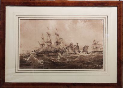 null ECOLE du XIXème 
Marine 
Encre et lavis d'encre sur papier
27,5 x 46,5 cm
Restaurations...