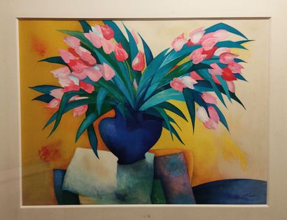 null Claude GAVEAU (1940-2021)
Bouquet vase bleu, 
Lithographie, 
56 x 76 cm.