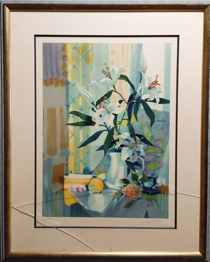null Sylvie RICLET (Née en 1959)
Les lys blancs
Lithographie, 
48 x 65 cm.
(vitre...