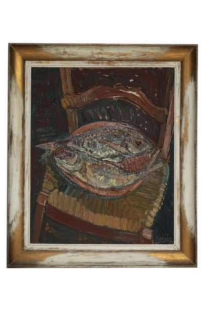 null GILBERT CORSIA (1905-1945) 
Nature morte aux poissons. 
Huile sur isorel. 
Signée...