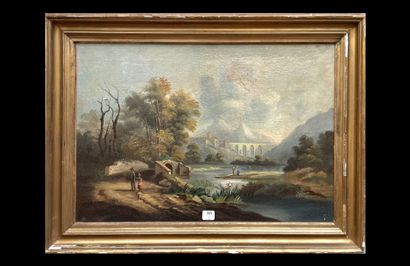 null ECOLE du XVIIIe siècle
Vue sur l'aqueduc
Huile sur toile, 
31 x 45 cm.
Accident...