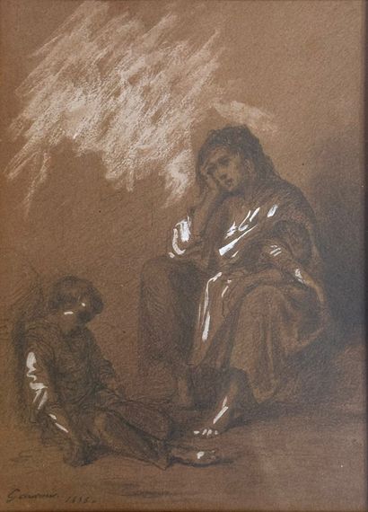 null ÉCOLE DU XIXe siècle
Mère et son enfant, 1835
Crayon et rehauts de blanc 
Signé...