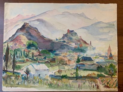 null Fernand GUILNIER (1902-1980)
"Village de bord de mer, 1953" -"Vue de Sion, Suisse,...