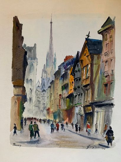 null Fernand GUILNIER (1902-1980)
"Rouen, La cathédrale, 1951" - " Rouen, Le marché,...