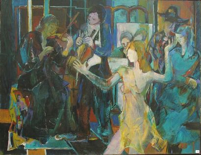 Annie JUPOL PARISOT Le concert. Huile sur toile non signée. 89 x 116 cm