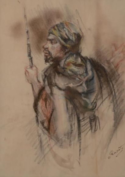 ROSATY Portrait d'homme arme Fusain, pastel et aquarelle, signe a l'encre en bas...