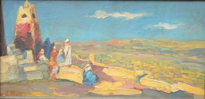 Léon LURET (?-1969) Vue autour de Ghardaia Huile sur carton, non signee 25 x 51 cm...