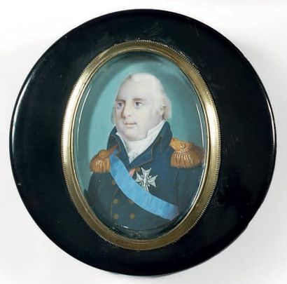 ECOLE DE J. B. J. AUGUSTIN Portrait de Louis XVIII en uniforme bleu. Il porte le...