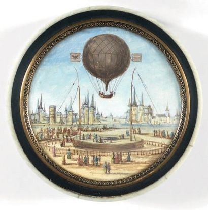 École Française du XIXe siècle Scène de ballon s'envolant. Miniature ronde sur papier....