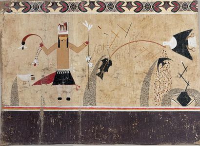 null FRESQUE «DE LA CHASSE» Circa 1940 Hopi, Arizona, U.S.A. Cette magnifique fresque,...