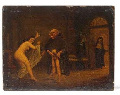 D'après Jan STEEN (1626-1679) Scène d'intérieur représentant un moine, le sexe en...