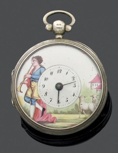 null MONTRE DE POCHE à coq, dans un boitier en argent, le dos à décor guilloché rayonnant....