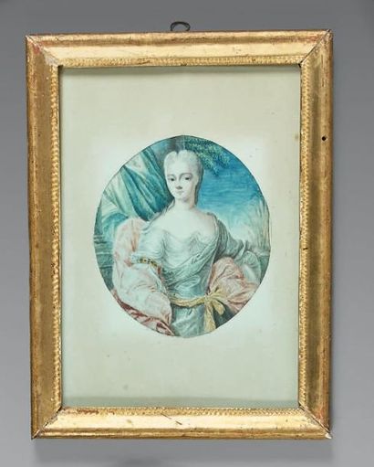 Ecole FRANÇAISE vers 1720 Portrait de femme en robe de cour. Fond de paysage Miniature...
