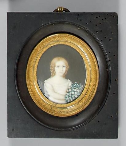 de LAURO 1821 Portrait de fillette à mi-corps, de face, en robe blanche, tenant un...