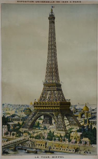 null Exposition Universelle de 1889 à Paris, La Tour Eiffel - 102,5 x 64 cm-Lithographie,...