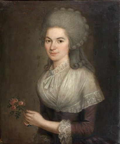 Ecole Francaise vers 1780 Portrait de jeune femme tenant une branche de roses Toile...