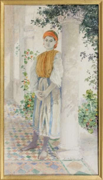 Felix Augustin MILIUS (1843-1894) Jeune orientaliste Aquarelle sur traits de crayon,...
