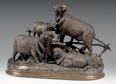 Jules Moigniez (1835-1894) Famille de moutons mérinos Bronze à patine médaille, signé...
