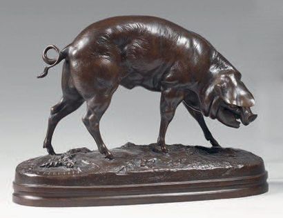 Victor CHEMIN (1825-1901) Cochon Bronze à patine marron rouge, signé H: 24 cm, L:...