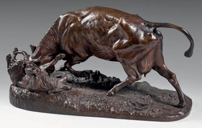 Isidore BONHEUR (1827-1901) Vache terrassant un loup Bronze à patine brune, signé...