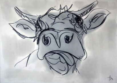 Antoine ARNAUD ( né en 1975) Vache Fusain, monogrammé en bas à droite et contresigné...
