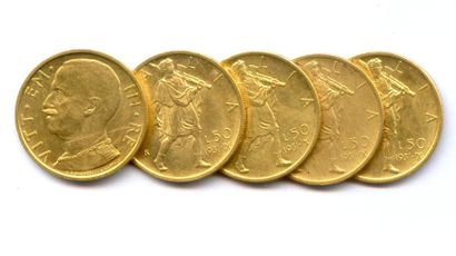 Royaume d'Italie Lot de cinq monnaies Victor Emmanuel III : 50 Lire 1931-IX Rome....