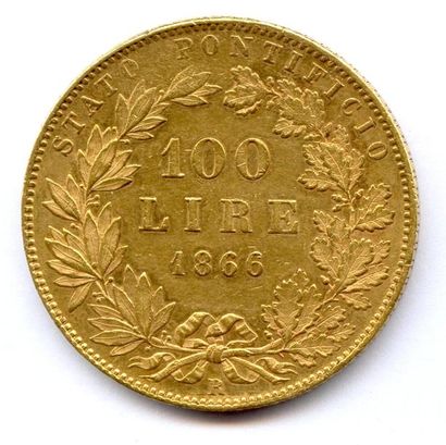VATICAN PIE IX 1846-1878 100 Lire 1866-an XXI Rome. 32,23 g Très beau.