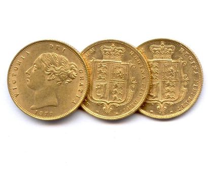 ROYAUME-UNI Lot de trois monnaies Victoria : Demi-souverain (tête jeune) 1877/56,...