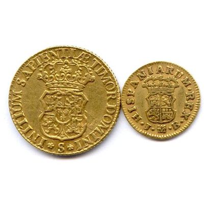 Espagne Lot de deux monnaies : 2 Escudos PHILIPPE V (1700-1746) 1730 Séville et demi-escudo...