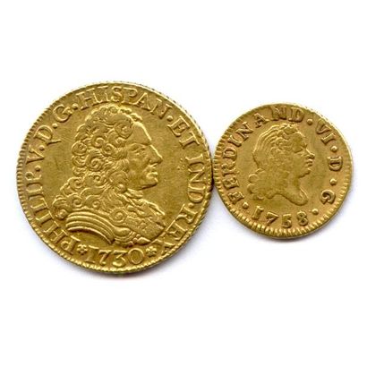 Espagne Lot de deux monnaies : 2 Escudos PHILIPPE V (1700-1746) 1730 Séville et demi-escudo...