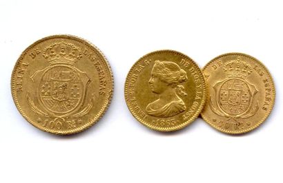 Espagne Lot de trois monnaies Isabelle II : 100 Reales 1862 Barcelone et 40 Reales...