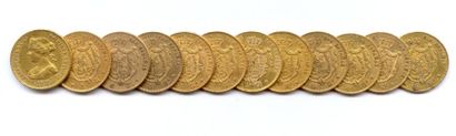 Espagne Lot de douze monnaies Isabelle II : 4 Escudos 1865 Madrid (7ex.) et 4 escudos...