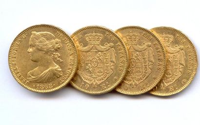 Espagne Lot de quatre monnaies Isabelle II : 10 Escudos 1868 (18-68) Madrid. Très...