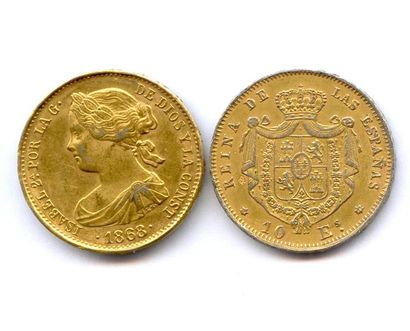 Espagne Lot de deux FAUX Isabelle II en platine doré : 10 Escudos 1868 (18-68) Madrid....