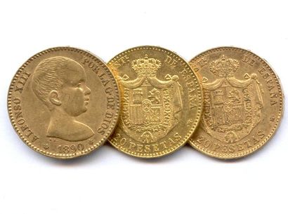 Espagne Lot trois monnaies Alphonse XIII : 20 Pesetas 1890 (18-90) MP-M. Très be...