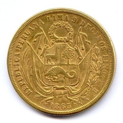 null PÉROU République 1822- 20 Soles 1863 Lima. 32,24 g Fr 70 Très beau.