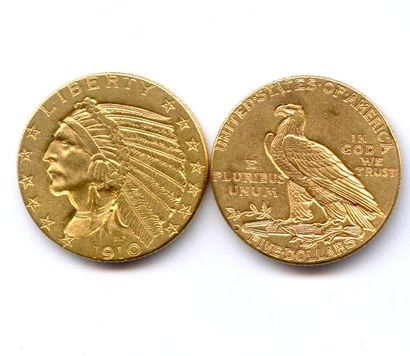 U.S.A Lot de deux monnaies US : 5 Dollars (Indien) 1910 Denver. Très beaux